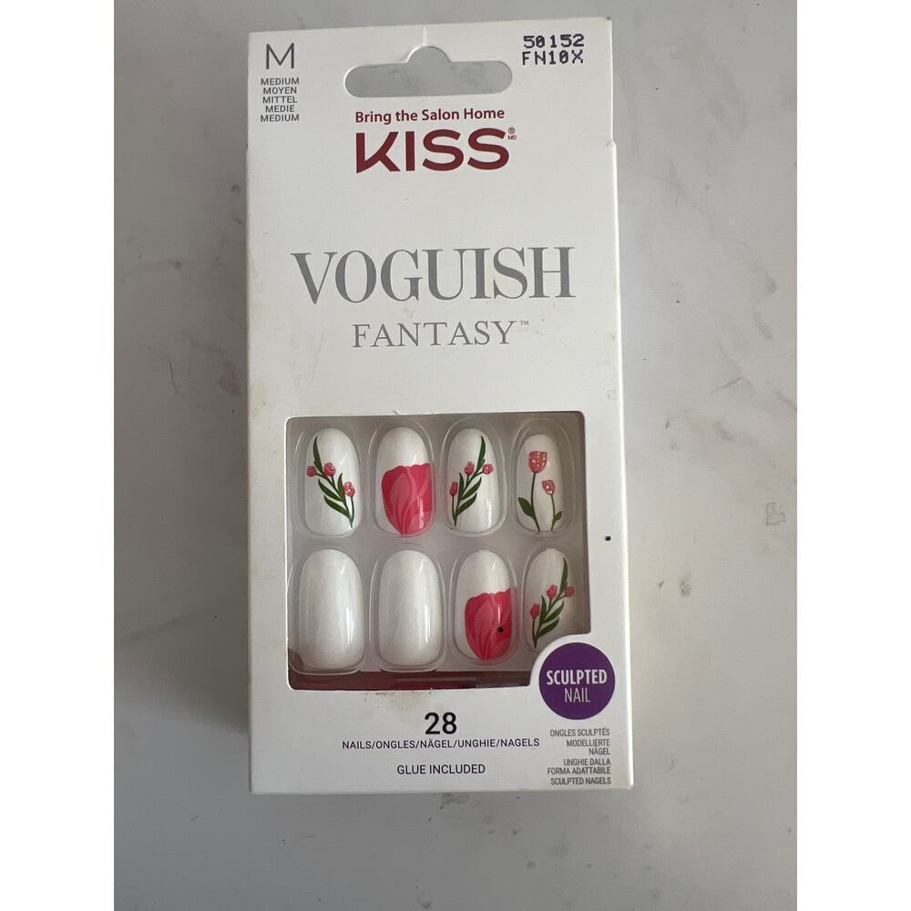 KISS VOGUISH FANTASY MEDIUM LENGTH GEL NAILS WHITE PINK TULIPS BRAND NEW